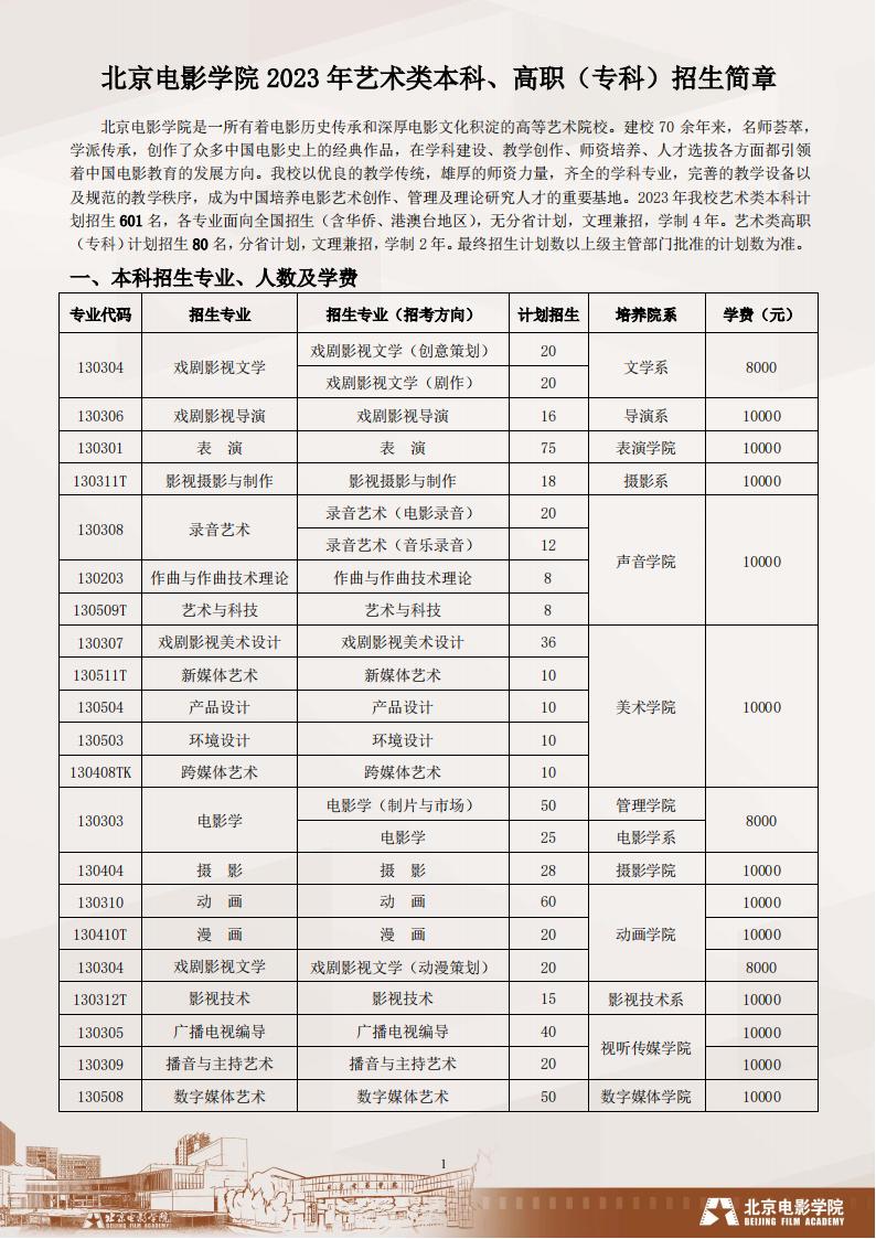 北京电影学院2023年艺术类招生简章