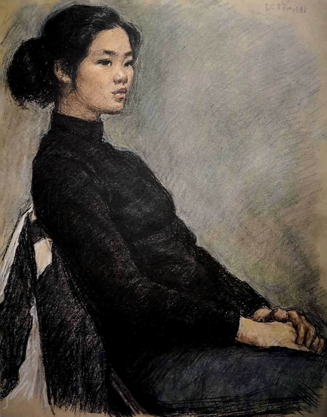 郭绍纲《黑衣女青年》素描粉彩画